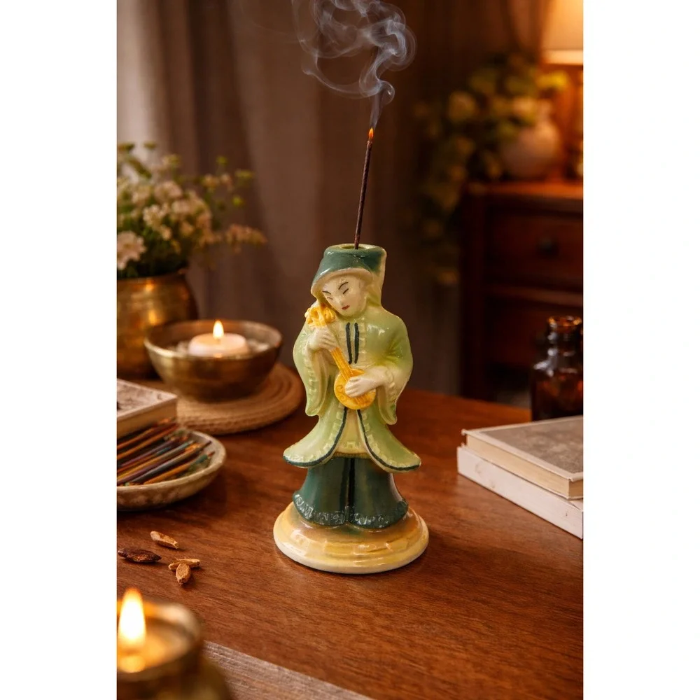 Ceramic Woman Lute Figurine Green Robe Asian Mystical Musician Statue‎ 8.5